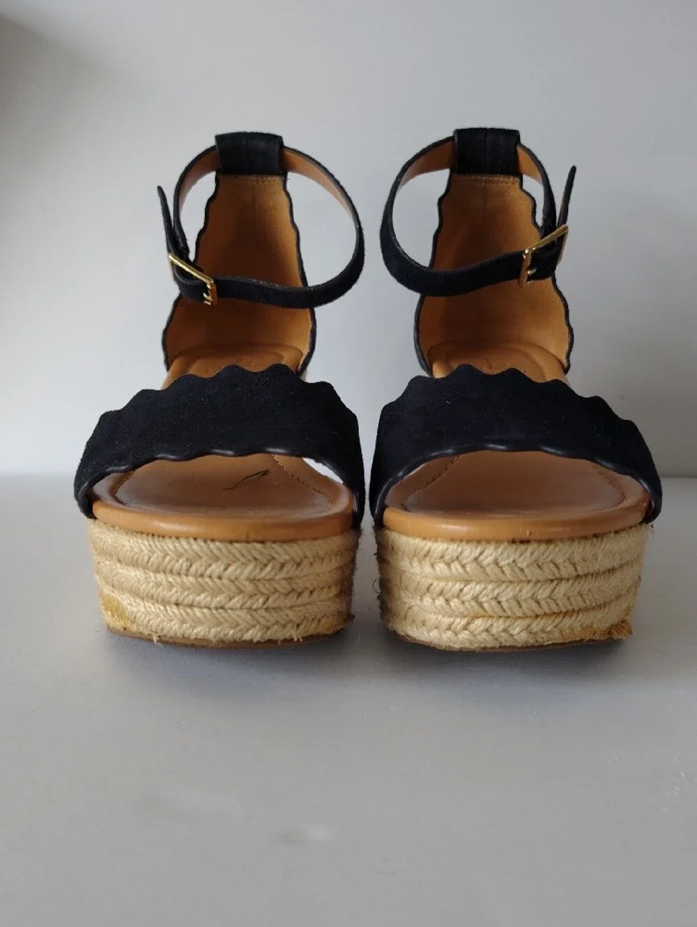 J. Crew Navy Scalloped Suede Wedge Espadrille Sandals
